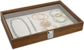 MOOCA Jewelry Display Case, Display Case Accessories Storage Box with Tempered Glass Hinge Lid, Jewelry Tray for Collectibles, Walnut Color, 14.1W x 10.2D x 2.1H in