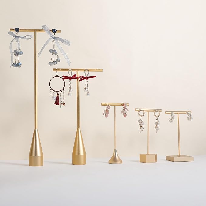 GemeShou 2pcs Gold earring display T bar stand, Big jewelry earring holders for Boutique Store, Jewelry holders high enough for long earring necklace【Gold-2pcs Height 7.9"and 11"-long horizontal bar】