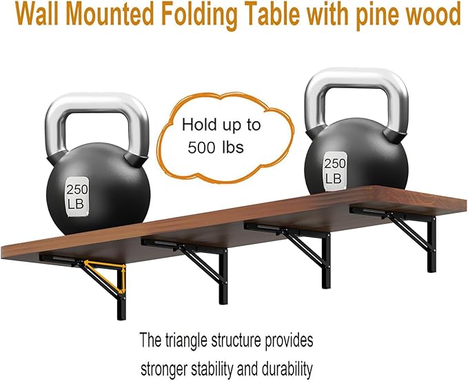 IAE Floating Wall Mounted Folding Table Desk with Pine Wood,72" x 22" Foldable Workbench,Fold Down Wall Mounted Foldable Desk with Shelf Brackets,Laundry Folding Table for Home,Dining,Kitchen,Teak