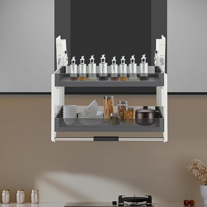 2 Tier Kitchen Cabinet Pull Down Shelf Storage, Pull-down Shelf for Kitchen Upper Cabinets, Upper Cabinet Pull Down Spice Racks for Kitchens, Living Rooms