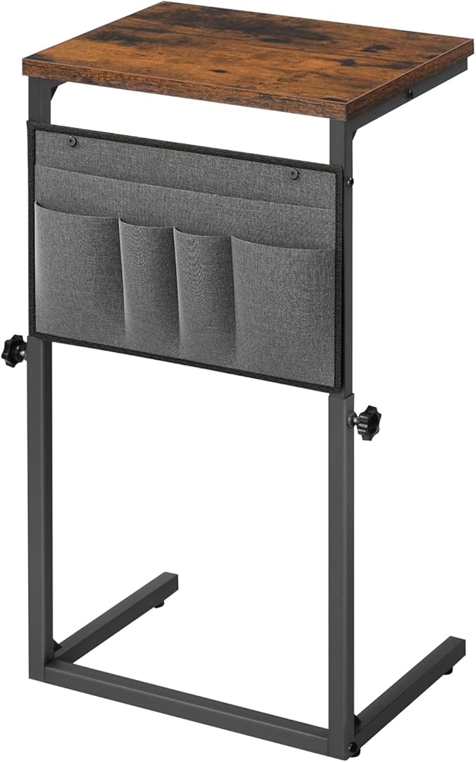 HOOBRO C Shaped End Table, 29.5’’ Adjustable Height Side Table with Storage Pockets, Couch Table Slide Under for Sofa, Small Space, for Living Room, Bedroom, Rustic Brown and Black BF77SF01