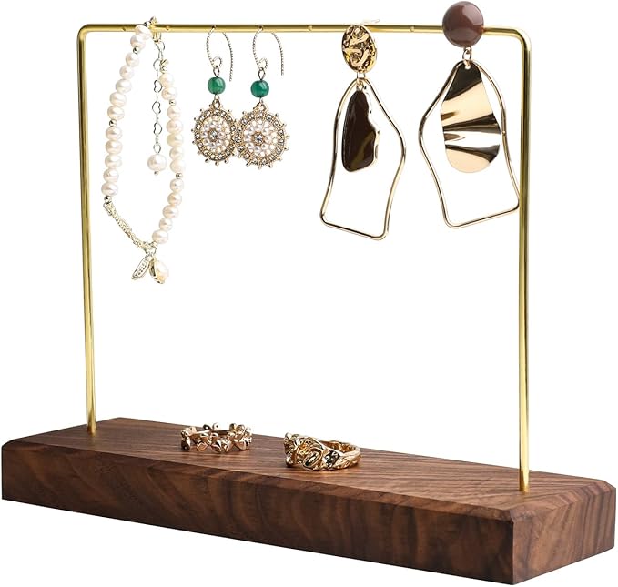 GemeShou Walnut Earring holder for selling, Brass earring stands and displays for show, Wood Jewelry Storage hanging shelf for Girl Woman【Walnut U Shelf Height 5.91"-Small】