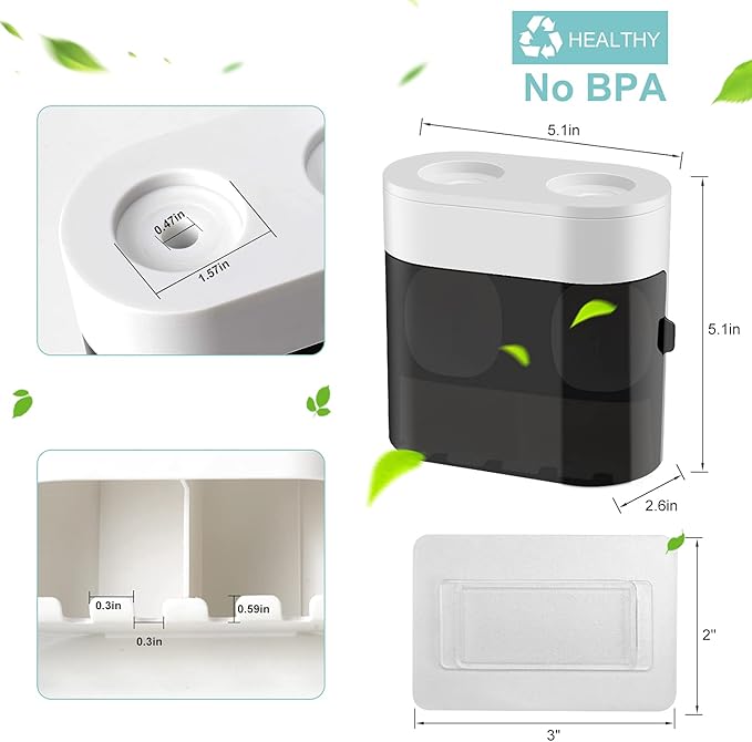 Toothbrush Holder Toothpaste Dispenser Wall Mounted with Cover, 4 Slots Tooth Brush Storage Organizer with Automatic Kids Toothpaste Squeezers for Shower Bathroom Black