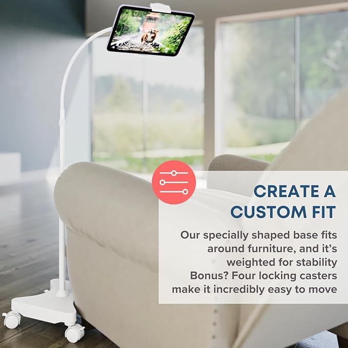 LEVO Gooseneck Tablet Floor Stand with Casters – Rolling Adjustable iPad Mount with Wheels, Height Tilt Rotation, Locking Mobile Base for Bedside, Couch, Chair, Hospital, Office, and Home – White