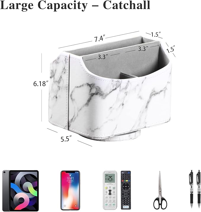 YAPISHI White Marble Leather Remote Control Holder,360 Degree Spinning Desk TV Remote Caddy/Box,Beside Table Organizer for Controller,Media,Makeup, Mobile Phone and Pen/Pencil Stationery Storage