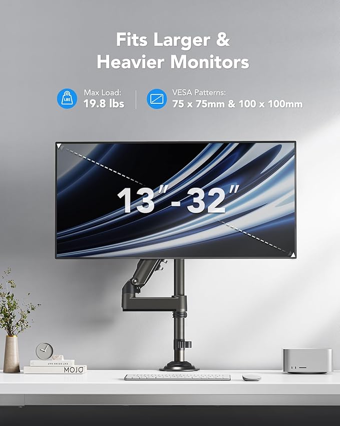 HUANUO Single Monitor Arm, Adjustable Desk Mount for 13-34 inch Screens, Holds 19.8lb, 22.44 inch Max Height, Full Motion Swivel Monitor Stand with VESA 75x75mm and 100x100mm Compatibility