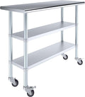 AmGood Stainless Steel Work Table with 2 Shelves and Casters | Metal Utility Table On Wheels (Stainless Steel Work Table with 2 Shelves + Casters, 48" Long x 18" Deep)
