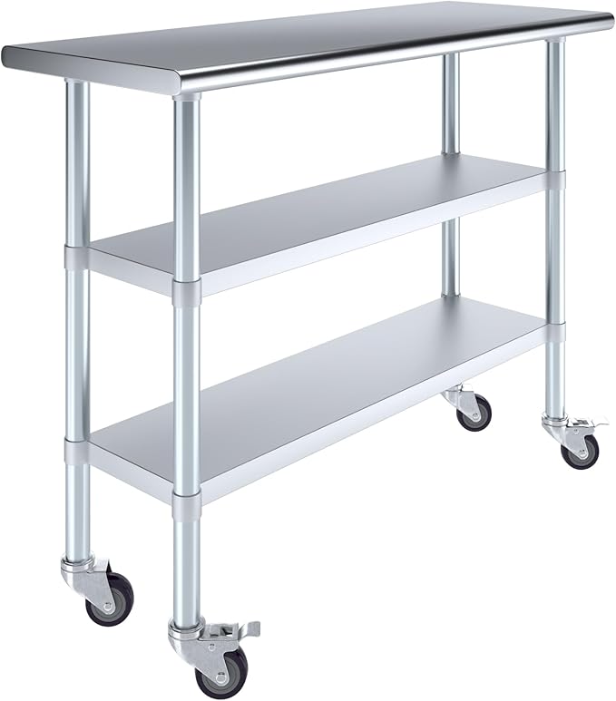 AmGood Stainless Steel Work Table with 2 Shelves and Casters | Metal Utility Table On Wheels (Stainless Steel Work Table with 2 Shelves + Casters, 48" Long x 18" Deep)