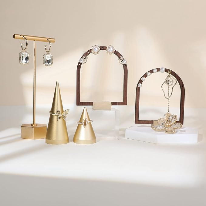 GemeShou 3pcs Wooden stud earring organizer holder, walnut earring hangers with brass base, Small Cute earring display for selling with 9 holes for each【Arch frame-3pcs】