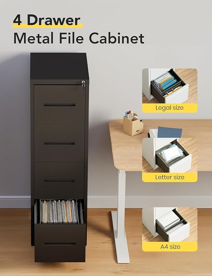 JOMEED 4-Drawer File Cabinet, Legal/Letter Size Storage, Full-Extension Drawers, Steel Construction, Lock System, 66 lbs Per Drawer Capacity