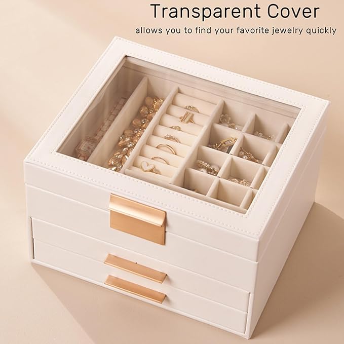 Jewelry Box Organizer with Glass Lid, 3-Layer Jewelry Storage, with 2 Drawers, Modern Style, 8 x 9.1 x 5.3 Inches (White)
