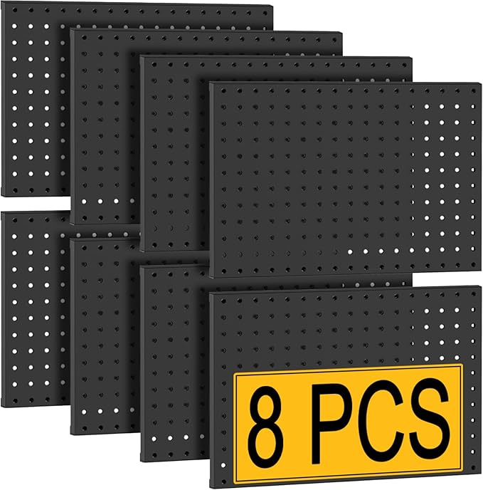PBHEPJ 8 Pcs Metal Pegboard Panels, Heavy Duty Peg Boards for Garage and Garden Tool Storage, Includes Drywall Anchors and Screws Kits, Black (8 pcs 16in x 12in)