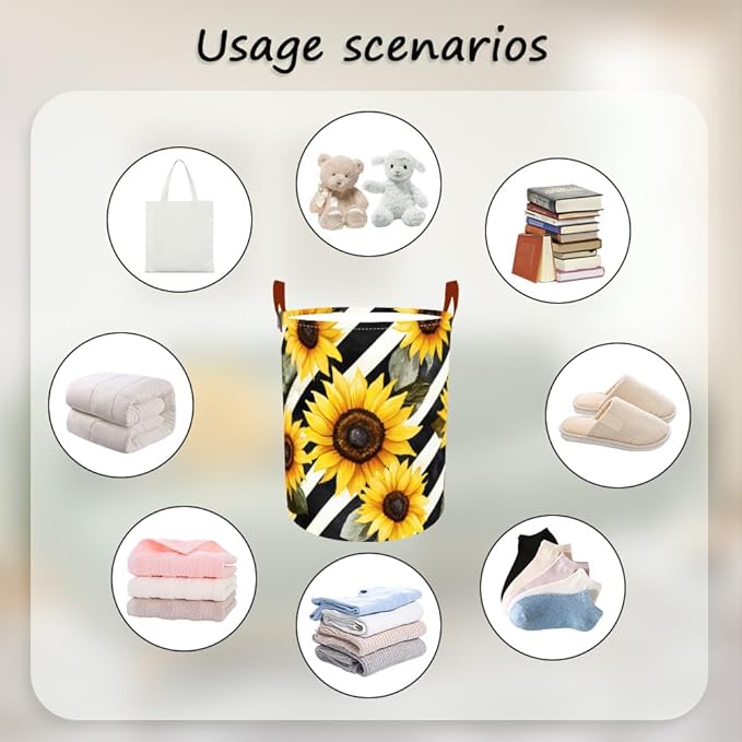 Laundry Baskets 15.7x19.7 Inch Large Sunflower Striped Design Collapsible Laundry Hamper with Handles Oxford Fabric Clothes Storage Bin Foldable Dirty Clothes Organizer for Bedroom Bathroom Dorm