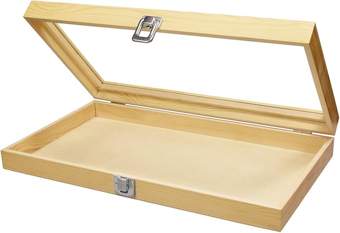 MOOCA Wooden Jewelry Display Case, Jewelry Organizer Case with Tempered Glass Top Lid & Removable Black Luxurious MDF Velvet Jewelry Display Pad, Natural Wood Colo