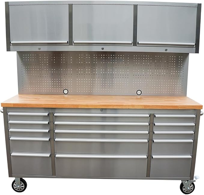 72 inch 15 Drawers Tool Chest with 3 Up Cabinet & Pegboard in Stainless Steel (Stainless Steel)