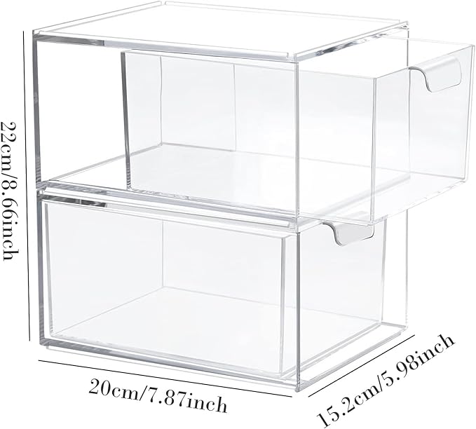 Clear Stackable Storage Drawers,2 Pack Acrylic Drawers Desk Organizers Makeup Organizer for Vanity, Bathroom,Cabinet,Desk Organization