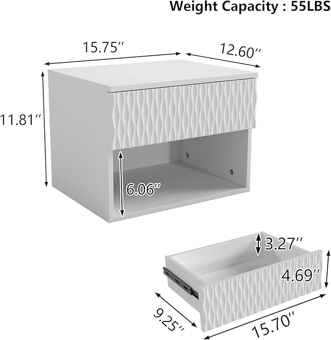 Floating Nightstand Set of 2,Modern Bedside Tables with for Bedroom,Small Night Stands with Drawer and Open Shelf, Wall Mounted End SideTables Set for Living Room
