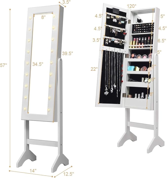 Giantex Standing Jewelry Armoire with 18 LED Lights Around the Door, Large Storage Mirrored Jewelry Cabinet with Full Length Mirror, 16 Lipstick Holders, 1 Inside Makeup Mirror (White)