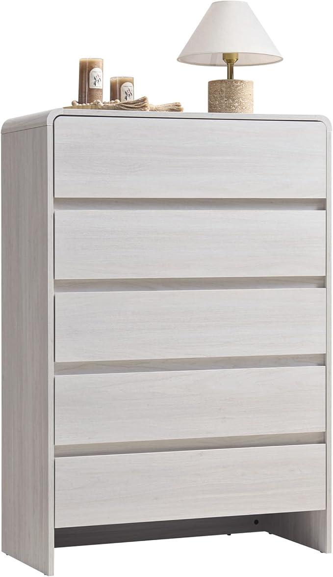 AMERLIFE 5 Drawer Dresser for Bedroom, 48" Tall Modern Chest of Storage Drawers with Rounded Corners, Anti-Tip Kit, Wood Cabinet Organizer for Closet, Apartment, Nursery, Easy Assembly, White