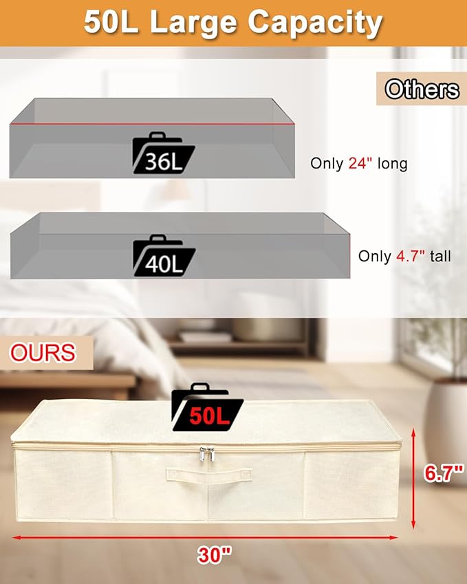 punemi Underbed Storage, 2 Pack Clothing Storage Bags W/Upgraded Handles, Large Capacity Underbed Shoe Container Organizer, Dorm Essentials Bins for Blanket, Pillows, Comforters & Quilts, Beige