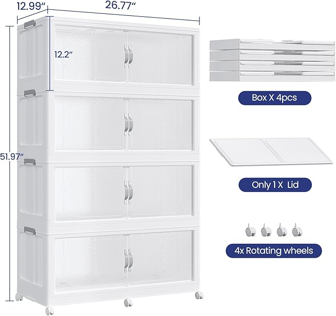 480QT Extra Large Stackable Storage Bins with Lid & Wheels & Doors, 120Gal Foldable Collapsible Closet Organizers, Plastic Cabinet Box Container Drawer for Home Kitchen Bedroom, 4Pack White
