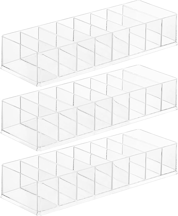 Acrylic Makeup Brush Organizers,3 Pack 8 Section 8 Compartments Transparent Plastic Lipstick Holder Clear 9.96x3.46x1.81 Inches Storage Square Cube for Bathroom Jewelry Accessories