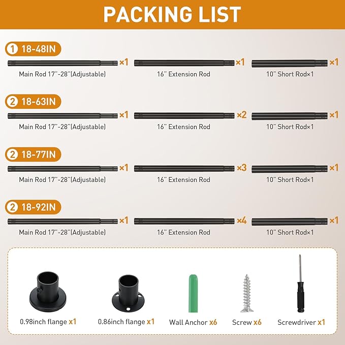 Black Adjustable Closet Rod 18-63 Inches, Heavy Duty Metal Clothes Hanging Rod, Rust-Proof Non-Slip Wardrobe Bar for Closet, Laundry Room, RV