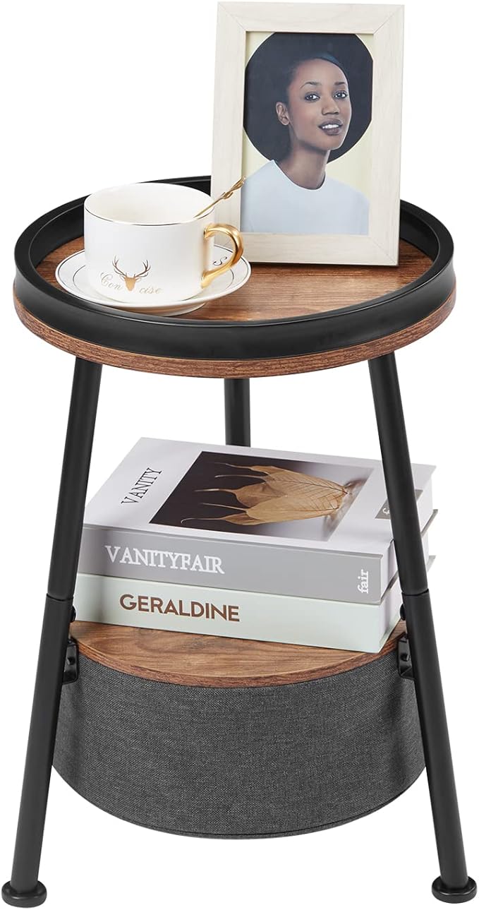 Round End Table, Round Side Table with Storage Basket,11.8*17.8”Round Sofa Table,Small Round Table,Small Coffee Table Living Room Bedroom