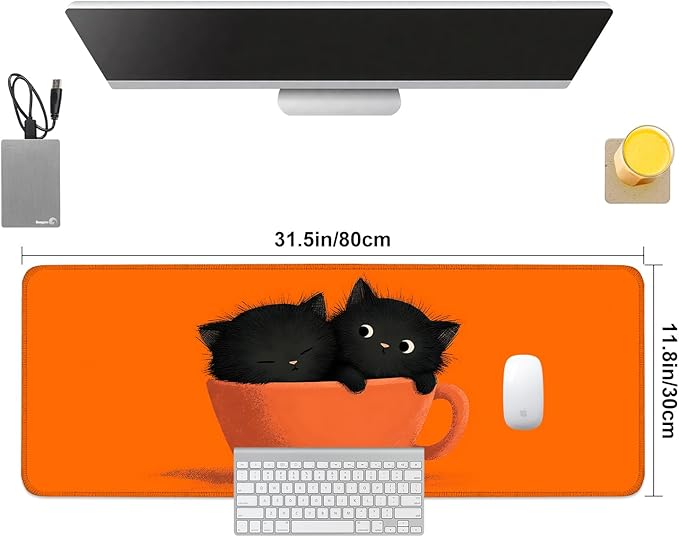 Large Cute Black Cat Mouse Pad, Extended Desk Mat with Non-Slip Base – 31.5 x 11.8 in – Cartoon Kittens in Orange Cup Design, Stitched Edges, Waterproof Gaming Keyboard Pad for Office & Home