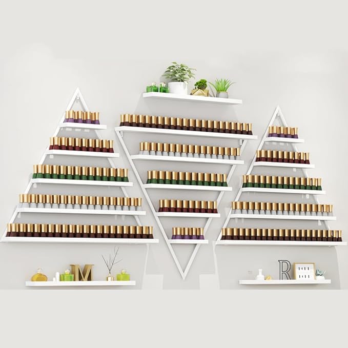 Elegant Gold Wall Mounted Nail Polish Rack - Set of 6 Triangular Cosmetic Display Shelves for Essential Oil Bottles, Organize Your Lipsticks and Perfumes in Style at Home or Salon (White)