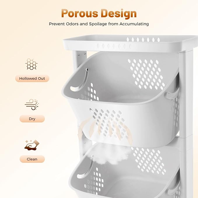 3 Tier stackable Laundry Basket Sorter Portable Rolling Cart Clothes Storage Porous Design With Wheels For Clothes Toiletries Bathrooms Laundry Rooms Bedrooms White