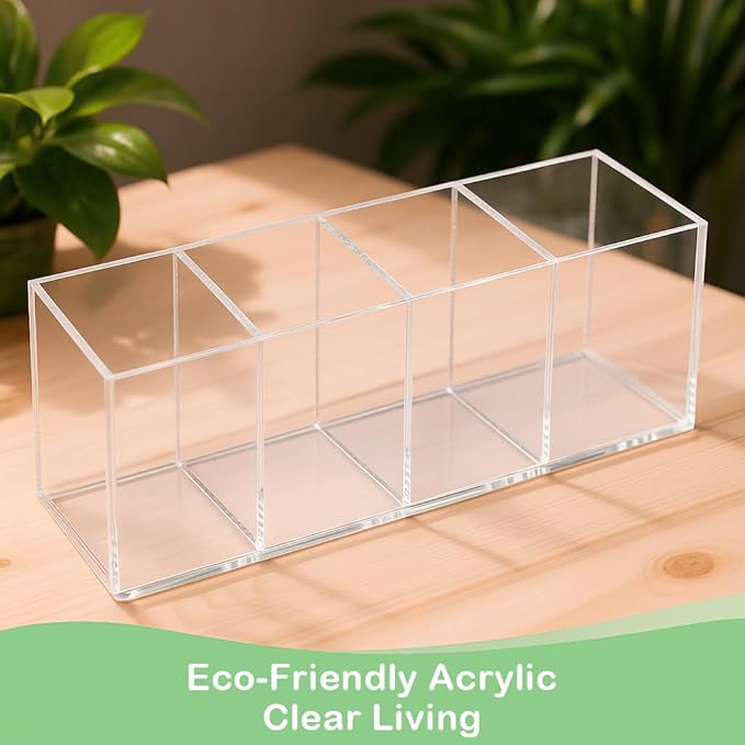 Clear Acrylic 4-Compartment Organizer Box, Small (7.9" × 2.7" × 3.5") – Handcrafted, Eco-Friendly, Minimal Packaging Compact Storage Organizer