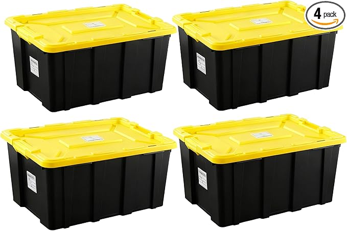 4-Pack Industrial Tote, Plastic Storage Container Bins with Lids, 27 Gallon - Heavy-Duty Organizing Containers for Home, Warehouse, and Transport