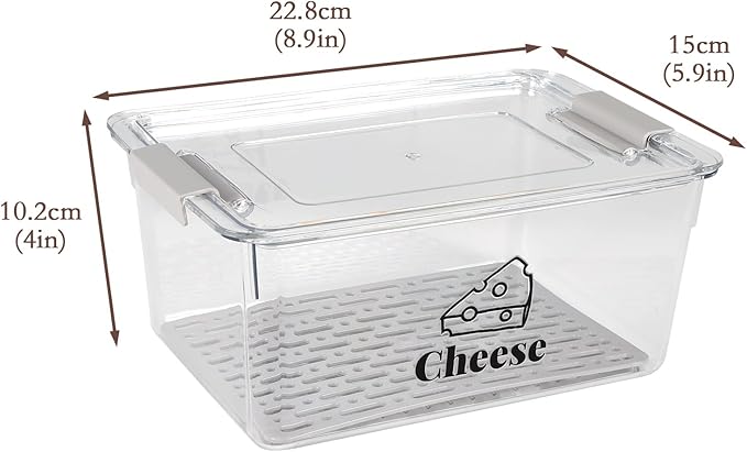 Cheese Container Airtight with Draining Basket Cream Cheese Sliced Cheeses Box with Lid Saver for Fridge Cheeses Keeper Cream Block Shredded Storage Box Saver (Clear)