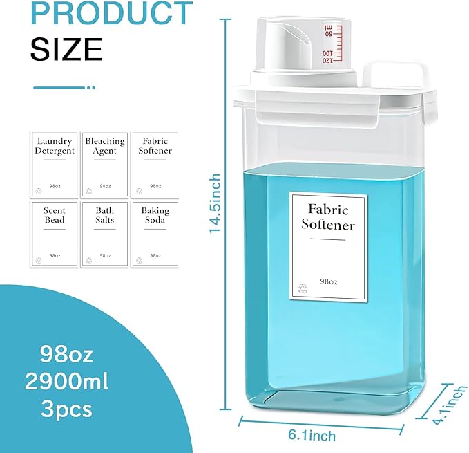 2 Pack Laundry Detergent Dispenser, 98oz Detergent Dispenser, Refluxable Laundry Detergent Container, Plastic Liquid Laundry Detergent Dispenser for Laundry Room Organization with 6 Labels