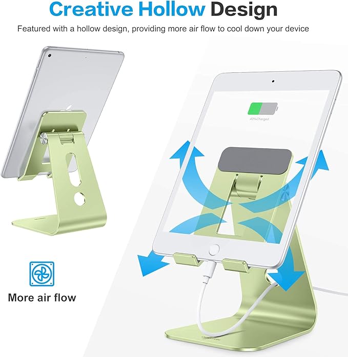 OMOTON Adjustable Tablet Stand for Desk, Upgraded Longer Arms for Greater Stability, T2 Tablet Holder with Hollow Design for Bigger Sized Phones and Tablets Such as iPad Pro/Air/Mini, Green