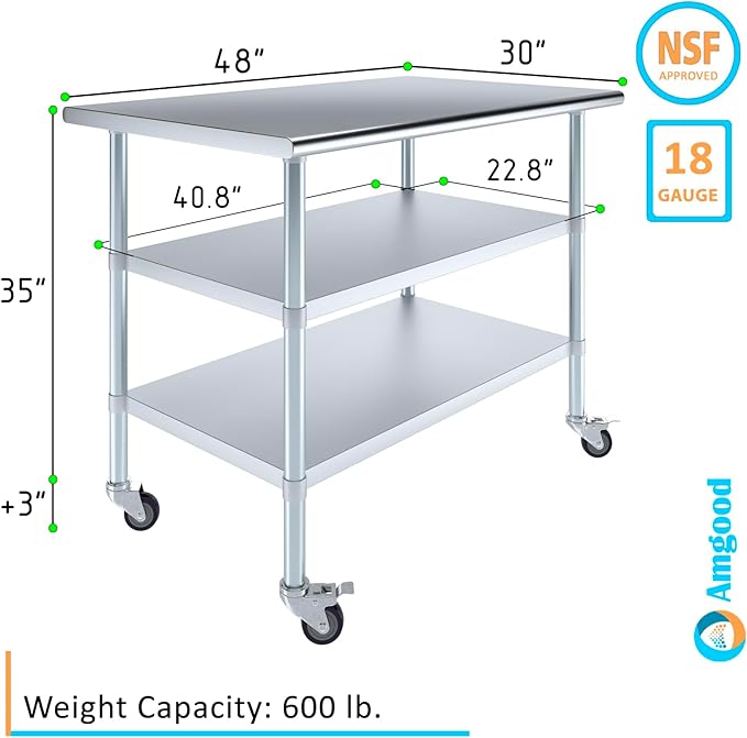 AmGood Stainless Steel Work Table with 2 Shelves and Casters | Metal Utility Table On Wheels (Stainless Steel Work Table with 2 Shelves + Casters, 48" Long x 30" Deep)
