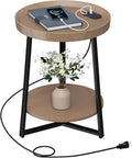 Gadroad Round End Table with Charging Station, USB Ports, Wood Tabletop & Black Metal Frame, 2-Tier Side Table for Living Room, Bedroom, Walnut Color 15.7 * 15.7 * 23.0inches