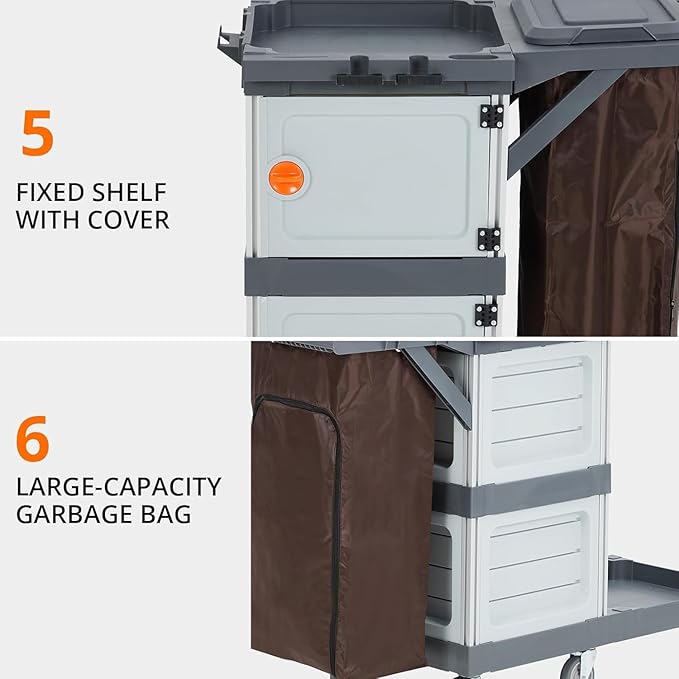 Commercial Janitorial Cleaning Cart: 3 Shelves + 2 Cabinets + Oxford Bag + Cover, Wheel Rolling Housekeeping Cart for School, Hotel, Apartment & More