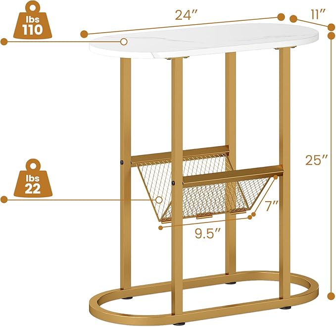 Tangkula Oval Narrow Side Table, 2-Tier End Table w/Mesh Magazine Rack, Steel Frame, Industrial Nightstand, Compact Sofa Bedside Table for Living Room Bedroom, White & Gold