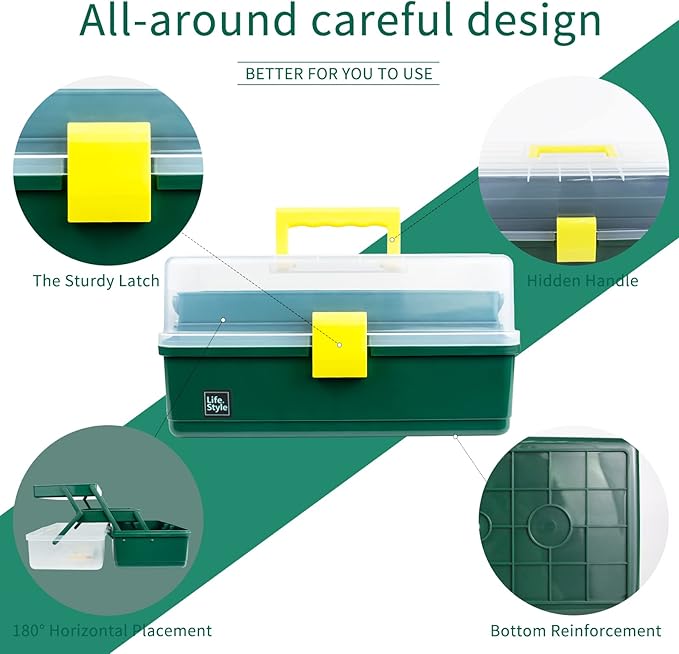 Creahaus 13 inch Art Craft Organizer Storage Box with 3 Layer, Multipurpose Plastic Tool Box with Handle for Sewing, Art Supply, Medicine, Nail, Hair Accessories (Dark Green)