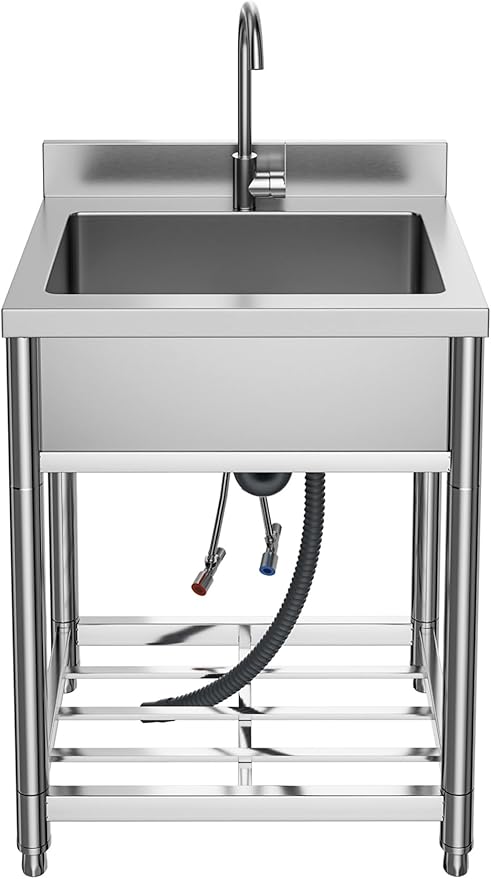 Stainless Steel Commercial Kitchen Sink, Free Standing, Single Bowl Sink Basin with Cold & Hot Water Faucet, Indoor and Outdoor Sink, 21.7 in