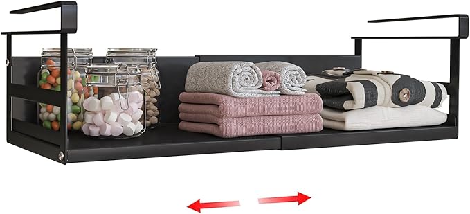 Expandable Under Cabinet Shelf Organizer with 0.94-Inch Thick Clips, Heavy Duty Extendable Under Shelf Storage Basket for Pantry or Laundry Room, Black, 1 Pack, Interior: 4.13" H x 7.2" D