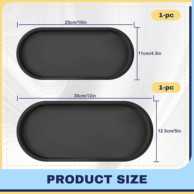 2 Pieces Silicone Shatterproof Bathroom Vanity Tray, 9.8" & 11.8" Oval Black Kitchen Counter Tray, Hand Soap Dispenser Tray, Toilet Top Perfume Trays for Dresser Holder Organizer (Black)