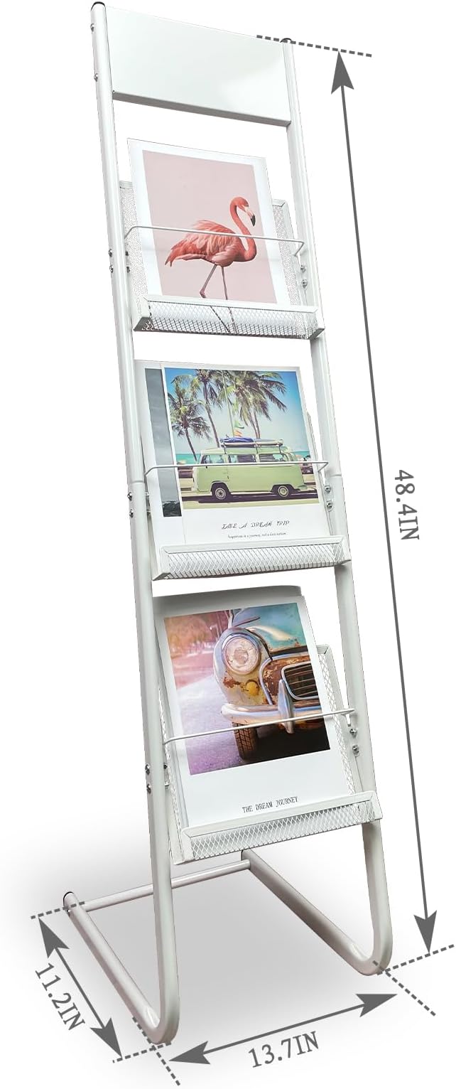 TONGMO Floor-standing 3-Layer Magazine Rack, Brochure Display Stand, made of high-hardness metal, suitable for Exhibitions, Offices, and any organization requiring information display. (3F-White)