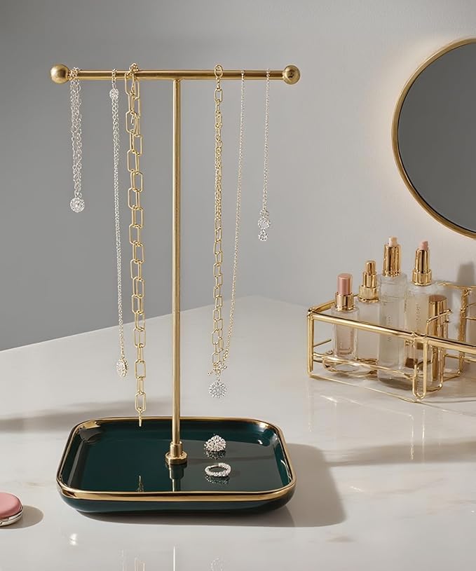 VROOMIUM Necklace Holder- Ceramic Base 1ft Height Jewelry Organizer Stand, Aesthetic Jewelry Hanger Display for Necklaces, Bracelets, Rings, Exhibidor de Collares-Elegant Green