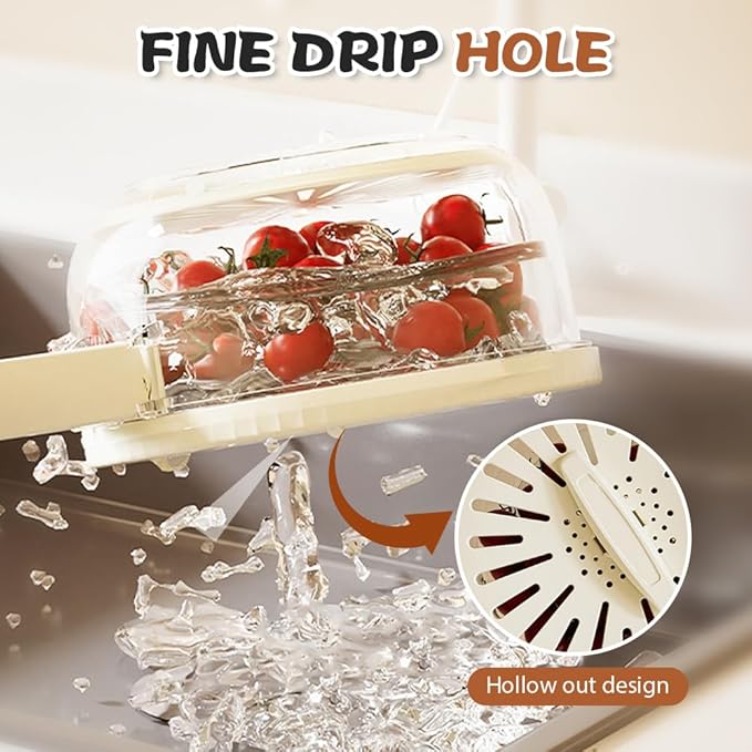 Multi-Functional Fruit and Vegetable Washing Bowl, Fruit Strainer Container with Lid, 2 In 1 Sealed Drainer Basket, Drainer and Freshness Basket, Kitchen Tool with Foldable Handle (Brown+White)