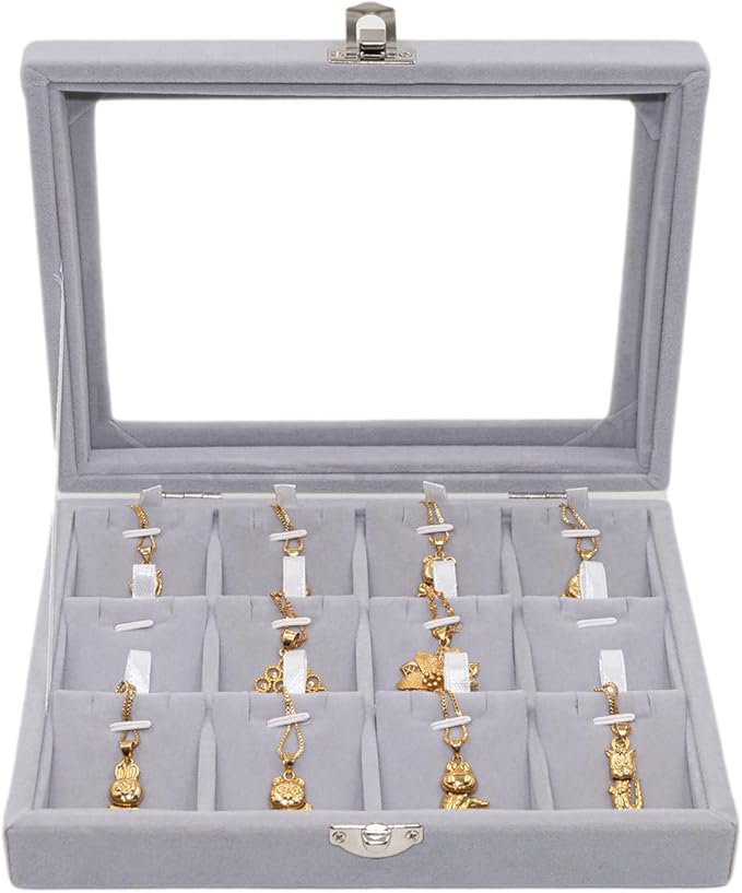 Jewelry Box Necklace Organizer Tray, Grey Necklace Display Case for Storage Jewelry Small Necklaces Display Stand 12 Slot Pendant Holder for Women
