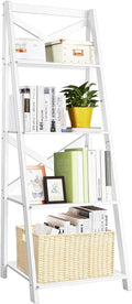 Tangkula 4-Tier Ladder Shelf Bookcase Leaning Free Standing Wooden Frame Decor Bookshelf Storage Flower Shelf Plant Display Shelf for Home Office (White, 1)