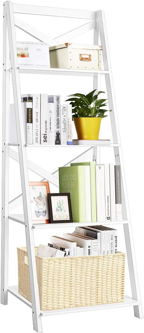Tangkula 4-Tier Ladder Shelf Bookcase Leaning Free Standing Wooden Frame Decor Bookshelf Storage Flower Shelf Plant Display Shelf for Home Office (White, 1)